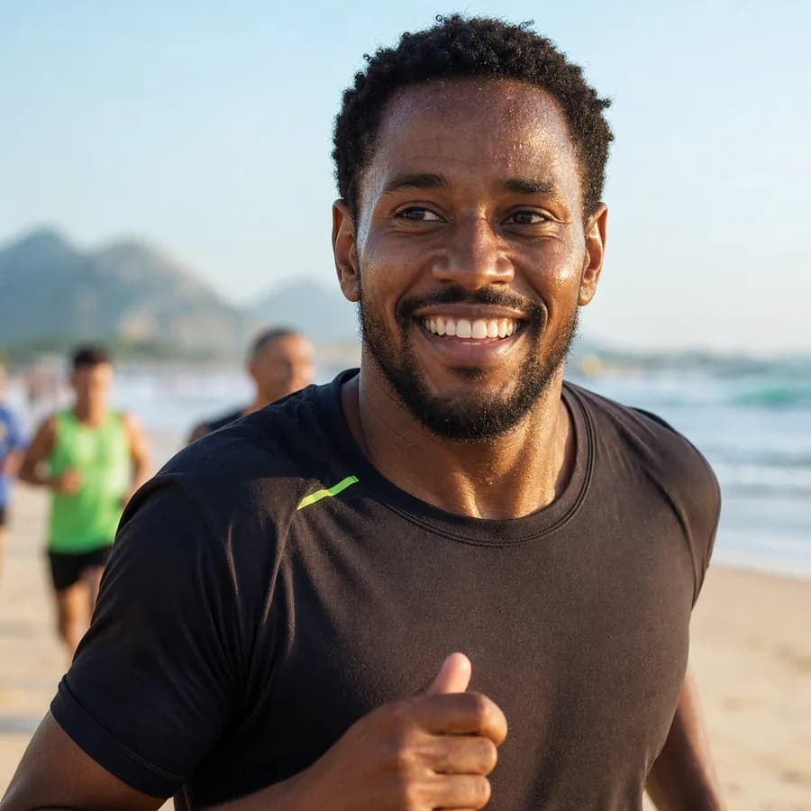 Corredor sorrindo durante uma cobertura esportiva
